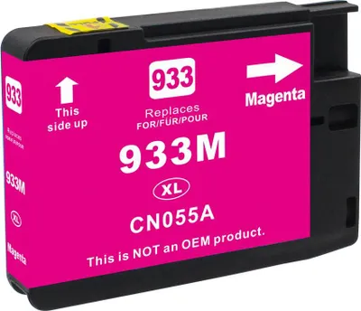 A magenta ink cartridge with labels and text.