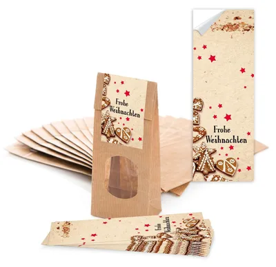 Produktbild von Braune Geschenktüten Weihnachten mit Fenster + Aufkleber 10 Stück25 Stück