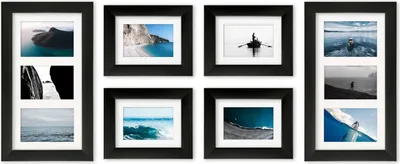 Zdjęcie produktu dla Multirama Ateny czarna – zestaw ramek 4×18×24 cm + 2×50×25 cm, prawdziwe szkło, szablon 1:1, gotowa galeria ścienna