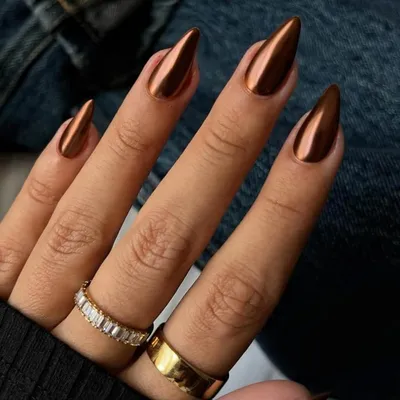 Image de Ongles factices en forme d'amande, effet miroir bronze métallique, lot de 24 pièces