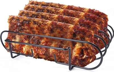 Produktbild von Edelstahl Rippchenhalter 4 Rippen, BBQ Rack für Gasgrill & Holzkohlegrill, spülmaschinenfest, gleichmäßige Hitze, wiederverwendbar, 32x25x8cm