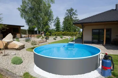Produktbild von Azuro 3,55 x 0,9 m Pool Grau Lagoon 0,25 mm – Aufstellpool mit Sicherheitsleiter und 12V Skimmer