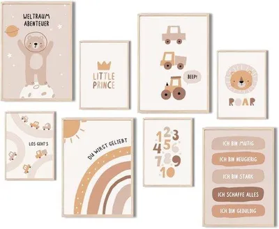 Productafbeelding van Set van 8 Schattige Dieren Posters voor Kinderkamer | Wanddecoratie A4 en A5 | Bear en Tractor Motieven | Perfect Kraamcadeau voor Jonge