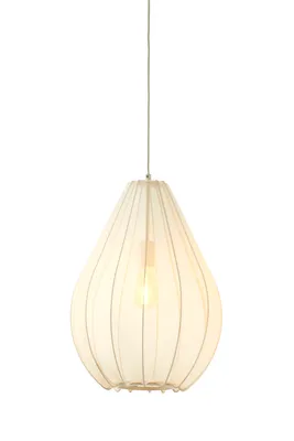 A pendant light with a fabric shade and visible bulb, isolated on a white background.