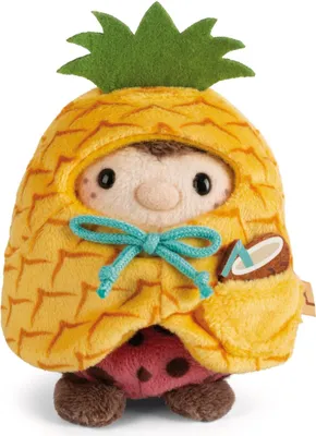 A plush toy dressed in a pineapple costume, holding a coconut drink.