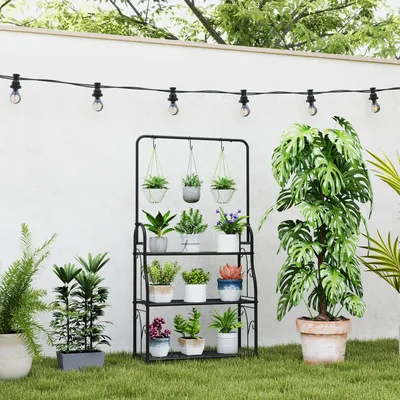 Produktbild von SUGIFT Blumenregal mit Hängehaken, Pflanzenregal Metall 3 Ebenen, Blumenständer Metall Schwarz | Indoor & Outdoor | Pulverbeschichtet | 75 x 25 x 137 cm