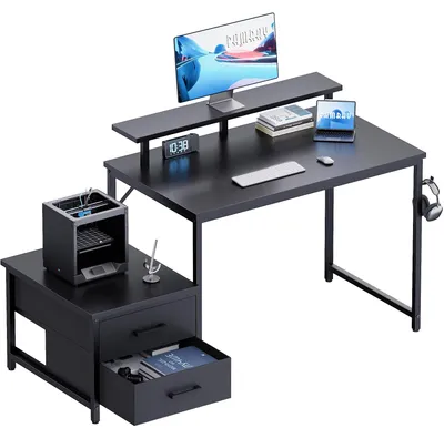 Schreibtisch 127 cm mit Schubladen, Monitorablage, Schwarz