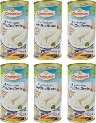 Produktbild von Food-United Weißwürste in der Dose 6x530g, Münchner-Weißwürste aus Bayern von ZIMMERMANN Fleischwerke, Brühwürste passend für Brotzeit und Bier, mit Petersilie Muskatblüte Zitronennote