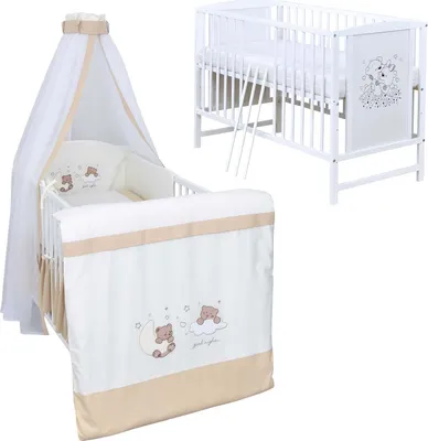 Produktbild von Baby-Delux Babybett Gitterbett Mia weiß 120×60 inkl. Matratze Bettwäsche Set 10tlg Traumland Beige