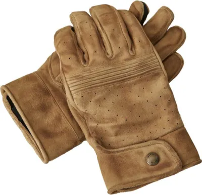 A pair of brown leather gloves on a white background.