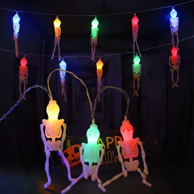 Produktbild von 2.5m Halloween Skelettschädel LED Lichterkette 8 Lichtmodi Batteriebetriebene für Home Party Garten Dekoration