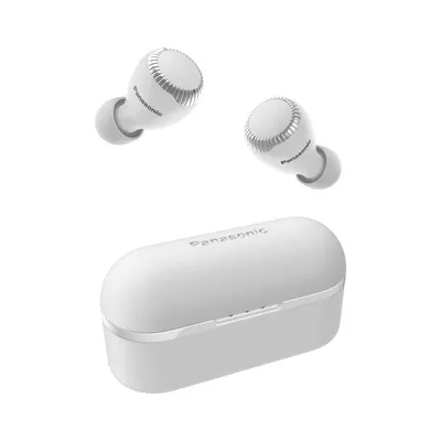 A pair of white Panasonic RZ-S300WE-W earbuds and their charging case are displayed against a white background.