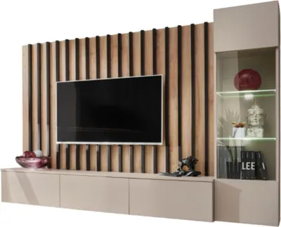Productafbeelding van Wandmeubel TASHYA - TV-meubel, hangende vitrine en wandpaneel - Artisan eiken en zandwit