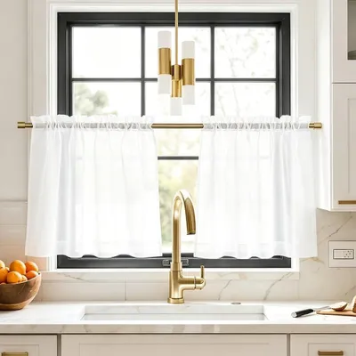 Image de Rideau voile semi-transparent, dimensions 60 x 50 cm, idéal pour les fenêtres de cuisine - Lot de 2 rideaux de style bistrot avec œillets pour tringle - Style champêtre