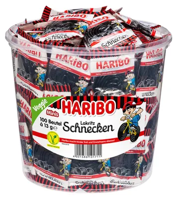 Zdjęcie produktu dla Haribo ślimaki lukrecjowe w mini torebkach classic veggie 100 szt