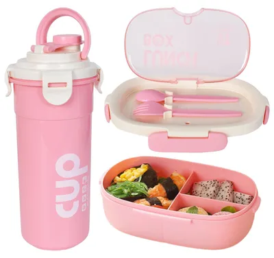 Produktbild von Bento-Lunchbox, 850 ml, mit 3 Fächern und Besteck, auslaufsicher, inklusive Reisebecher (480 ml), Besteck, mikrowellen- und spülmaschinengeeignet, rosa