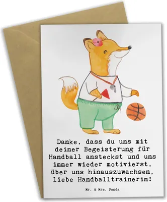 Produktbild von Mr. & Mrs. Panda Grußkarte Handball Trainerin Dankeschön - Weiß - Geschenk, Danksagung, Grußkarten, Sportart, Team, hochzeitskarten, osterkarten, hartes Training
