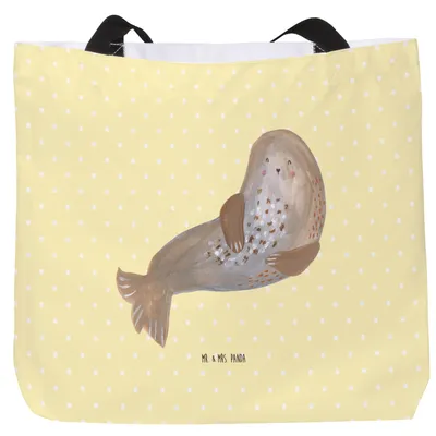 Produktbild von Mr. & Mrs. Panda Tote Bag Robbe Lachen - Gelb Pastell - Geschenk, Reisetasche, Tasche, Strandtasche, Laptoptasche, Lustige Sprüche, Strand, Nordsee, Ostsee, Robben
