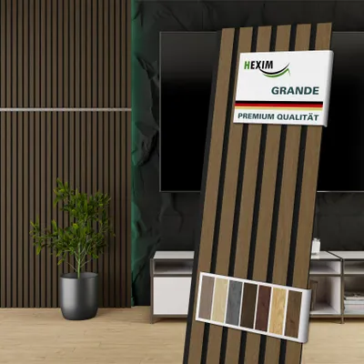 Produktbild von HEXIM Akustikpaneele 4 Stück 140x30cm Holz Grande - Wandpaneele Platten Lamellen Holzpaneele Echtholzfurnier 21mm Filz Schalldämmung MDF Braun (1,68m² Smoked Oak)