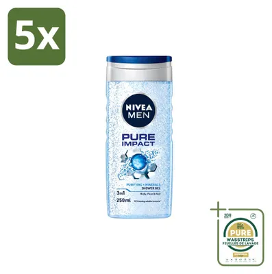 Obrázok produktu pre 5 kusov gélu na sprchovanie Nivea Men Pure Impact 3 v 1 - 250 ml - balenie