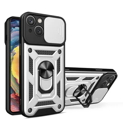 Produktbild von Panzer Hülle iPhone 15 /Pro /Pro Max/Plus Handyhülle mit Kameraschutz Ringhalter Silber iPhone 15