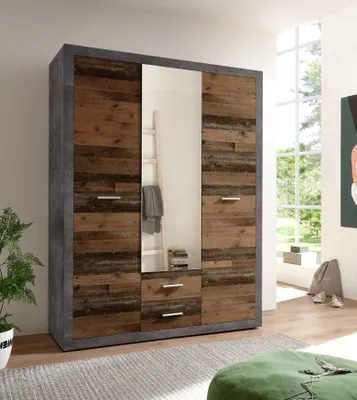 Produktbild von Storck 151cm Kleiderschrank mit 3 Türen und 2 Schubladen und Spiegel - alter Stil/Beton