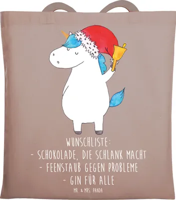 Produktbild von Mr. & Mrs. Panda Jutebeutel Einhorn Weihnachtsmann - Braun Pastell - Geschenk, Beutel, Einhörner, Tote Bag, Shopping Tasche, Unicorn, Weihnachten, Schokolade, Nikolaus