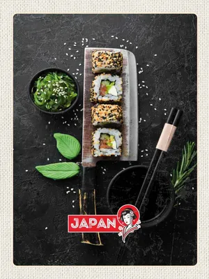 Produktbild von vianmo Holzschild 40x30 cm Japan Asien Sushi Fisch Essen Stäbchen Bildmotiv Reisemotiv Trinken