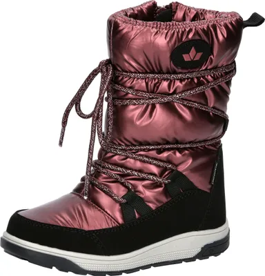 A single burgundy and black winter boot is shown against a white background.