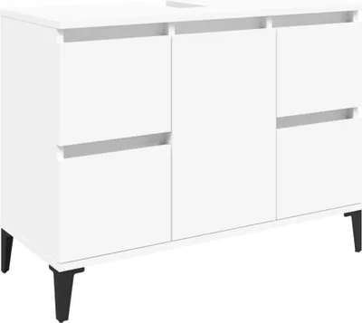 A white bathroom vanity cabinet with black legs against a white background.