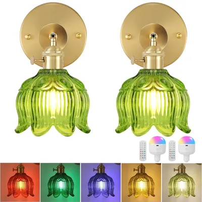 Produktbild von 2 Stück Wandleuchte Vintage Grün Maiglöckchen Glas Lampenschirm Innen Wandlampe E27 mit LED RGB Aufladbare Glühbirne und Fernbedienung