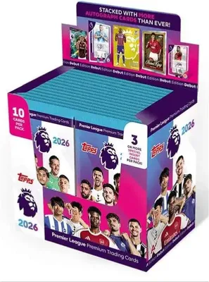 A display box of Topps Premier League 2025/26 trading cards.
