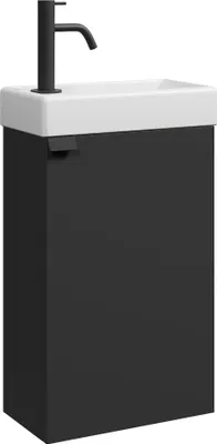 A black vanity unit with a white sink and a black faucet.