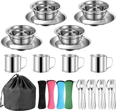 Produktbild von Ibenzoa® Camping-Besteckset 24-teilig für 4 Personen, leicht & langlebig – Edelstahl-Besteck mit wasserabweisenden Aufbewahrungstaschen