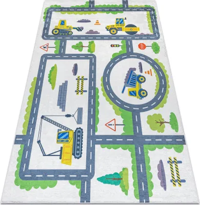 Produktbild von BAMBINO 2338 Waschteppich Bagger, Straßen für Kinder Anti-Rutsch - weiß / grün Weiß 140x200 cm