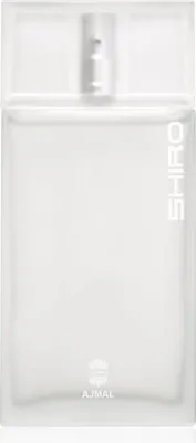 A white perfume bottle with the brand name "AJMAL" and "SHIRO" visible.