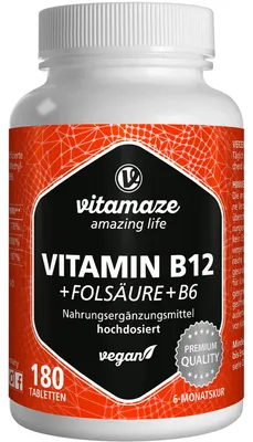 Produktbild von Vitamin B12 1.000 µg + B9 + B6 hochdosiert, 180 vegane Tabletten