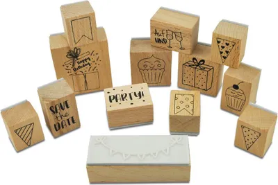 Produktbild von Meyco Holz Stempelset 13tlg "Party" - 2,4x3 / 5x5,5 cm