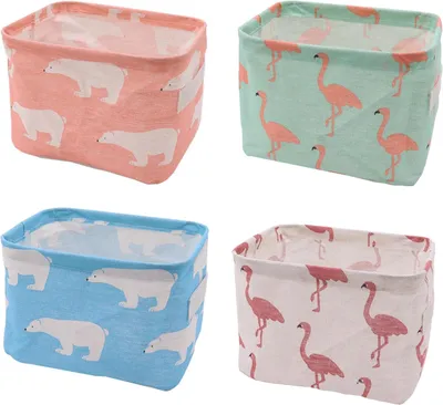 Obrázok produktu pre Úložné koše set 4, bavlna a ľan, skladacie s uchami, 20 x 16 x 14 cm, na hračky
