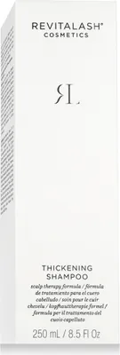 A white box packaging for RevitaLash Thickening Shampoo.