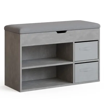 Image de Mondeer Banc à chaussures avec assise, rangement pour chaussures en bois avec tiroir en tissu et coussin rabattable, pour le salon, 80 x 48 x 30 cm, Gris