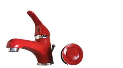 A red faucet and a red drain stopper are shown against a white background.
