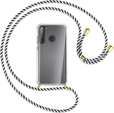 Produktbild von Handykette Backcover-Schutzhülle mit Band (Metall goldfarben) für HTC Desire 20 Pro - schwarz/weiß gestreift