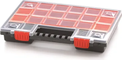 A black and red plastic organizer box with multiple compartments and a clear lid.