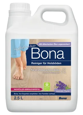 Produktbild von Bona Parkettreiniger Nachfüllkanister 2,5 L, gebrauchsfertiger und streifenfreier Reiniger für Holzböden mit Lavendel-Thymian Duft