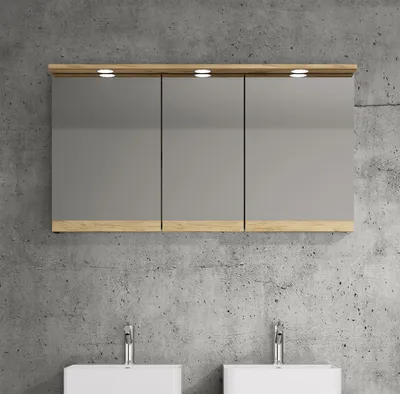 Produktbild von VCM Badspiegelschrank mit Beleuchtung und Steckdose – Spiegelschrank Bad mit 3 Türen und 4 Fächern – Badezimmerschrank hängend – H. 59 x B. 110 x T. 23 cm, Cosila
