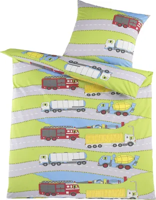 Produktbild von 2-tlg. Renforce Jugend/Kinder Bettwäsche, 135x200 +80x80cm, Motiv: Trucks 100% Baumwolle