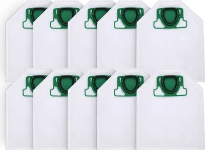 A collection of vacuum cleaner bags arranged in two rows.