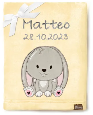 Produktbild von Be Mammy Babydecke mit 3D Applikation bestickt mit Name und Geburtsdatum 76 x 102 cm BE20-280 (Gelb – Kaninchen, 76 x 102 cm)
