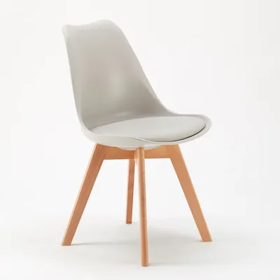 A light gray chair with wooden legs is shown against a white background.